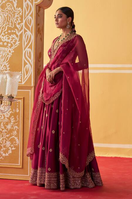 Jigar Mali Wine Chanderi, Organza Embroidery Plunge Neck Aari Hand Anarkali Pant Set at Aza Fashions Jigar Mali_Wine Chanderi, Organza Embroidery Plunge Neck Aari Hand Anarkali Pant Set _at_Aza_Fashions