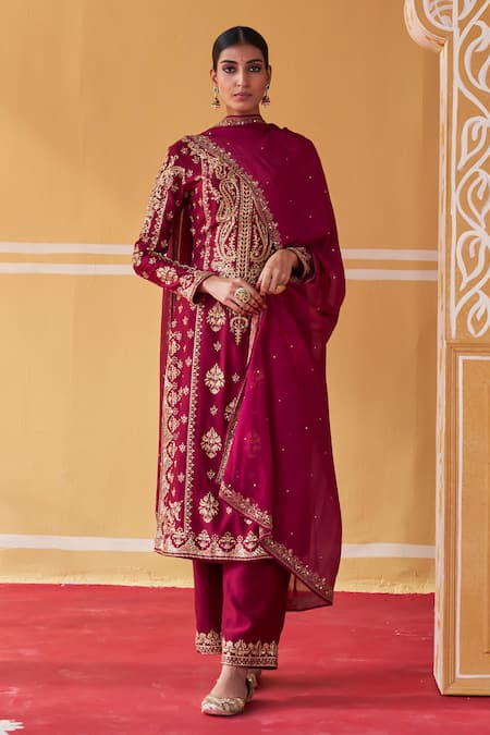 Jigar Mali_Wine Chanderi, Organza Embroidery, Diamonds Round Neck Kurta Pant Set_Online_at_Aza_Fashions