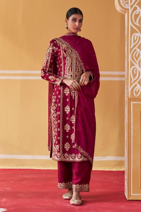 Buy_Jigar Mali_Wine Chanderi, Organza Embroidery, Diamonds Round Neck Kurta Pant Set_Online_at_Aza_Fashions