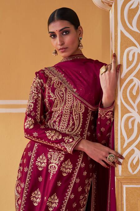 Jigar Mali_Wine Chanderi, Organza Embroidery, Diamonds Round Neck Kurta Pant Set_at_Aza_Fashions