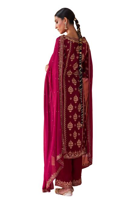 Buy_Jigar Mali_Wine Chanderi, Organza Embroidery, Diamonds Round Neck Kurta Pant Set