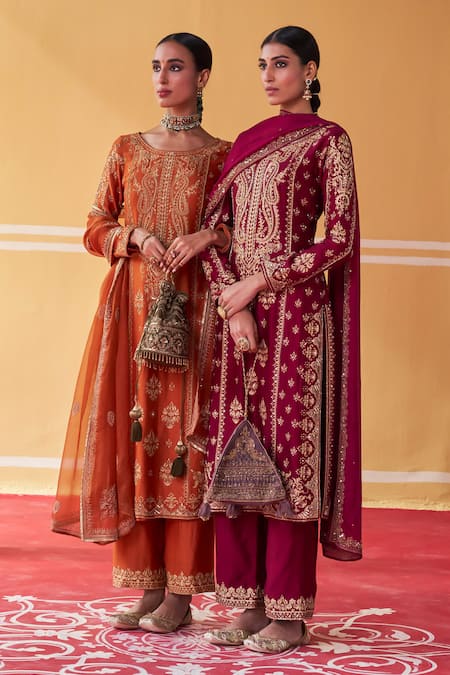 Shop_Jigar Mali_Wine Chanderi, Organza Embroidery, Diamonds Round Neck Kurta Pant Set