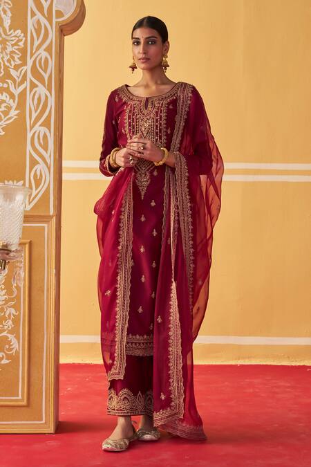 Buy Jigar Mali Wine Chanderi, Organza Embroidery Round Neck Dori Kurta Pant Set Online at Aza Fashions Buy_Jigar Mali_Wine Chanderi, Organza Embroidery Round Neck Dori Kurta Pant Set_Online_at_Aza_Fashions