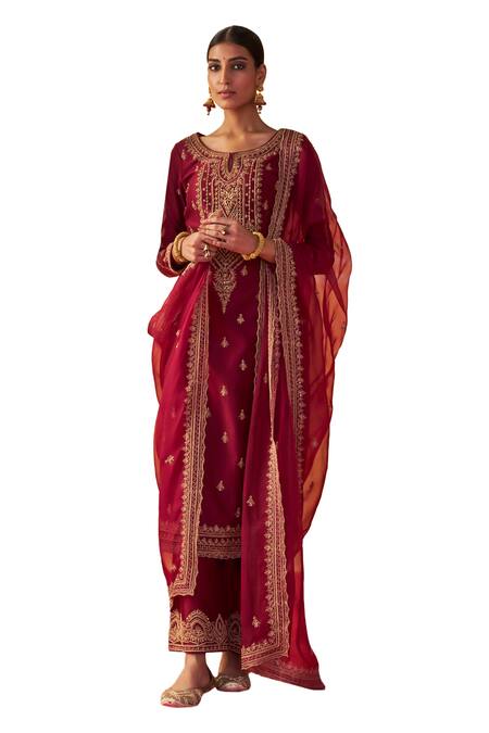 Shop Jigar Mali Wine Chanderi, Organza Embroidery Round Neck Dori Kurta Pant Set Online at Aza Fashions Shop_Jigar Mali_Wine Chanderi, Organza Embroidery Round Neck Dori Kurta Pant Set_Online_at_Aza_Fashions