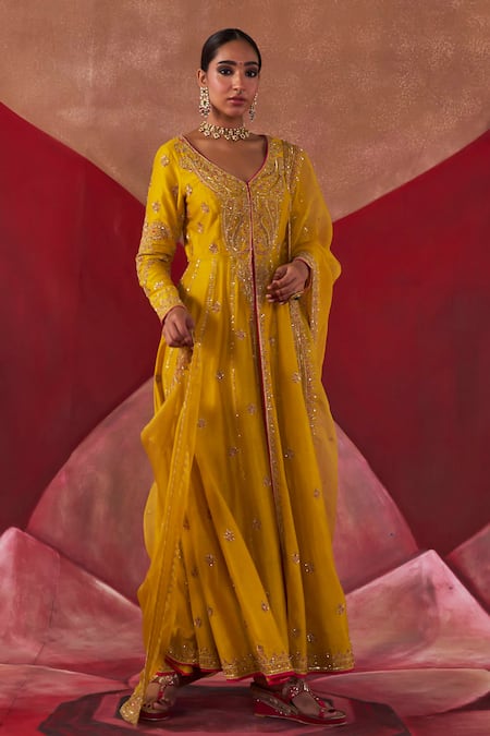 Jigar Mali Yellow Anarkali And Pant Chanderi Silk Hand Embroidered Dori V Neck Jacket Set 