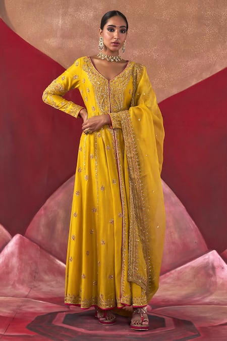 Jigar Mali Yellow Chanderi Silk, Organza Embroidery V-neck Dori Jacket Anarkali Set Online at Aza Fashions Jigar Mali_Yellow Chanderi Silk, Organza Embroidery V-neck Dori Jacket Anarkali Set _Online_at_Aza_Fashions