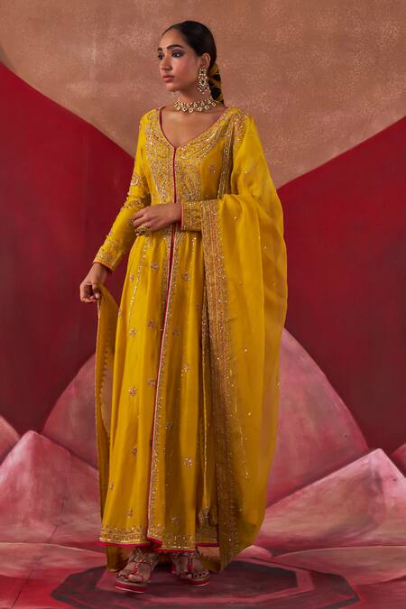 Buy Jigar Mali Yellow Chanderi Silk, Organza Embroidery V-neck Dori Jacket Anarkali Set Online at Aza Fashions Buy_Jigar Mali_Yellow Chanderi Silk, Organza Embroidery V-neck Dori Jacket Anarkali Set _Online_at_Aza_Fashions
