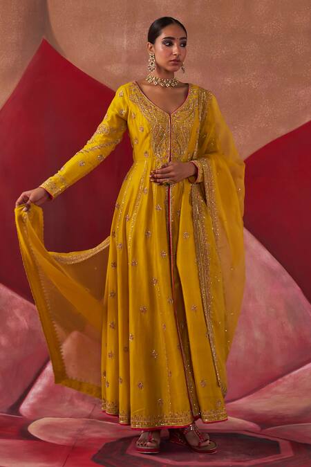 Shop Jigar Mali Yellow Chanderi Silk, Organza Embroidery V-neck Dori Jacket Anarkali Set Online at Aza Fashions Shop_Jigar Mali_Yellow Chanderi Silk, Organza Embroidery V-neck Dori Jacket Anarkali Set _Online_at_Aza_Fashions