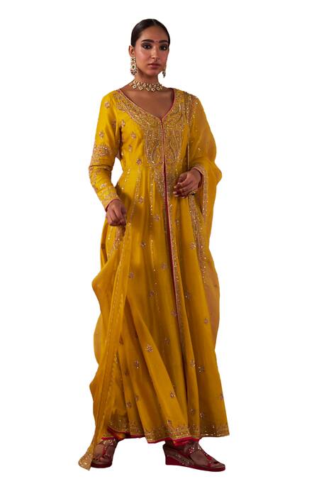 Jigar Mali Yellow Chanderi Silk, Organza Embroidery V-neck Dori Jacket Anarkali Set at Aza Fashions Jigar Mali_Yellow Chanderi Silk, Organza Embroidery V-neck Dori Jacket Anarkali Set _at_Aza_Fashions