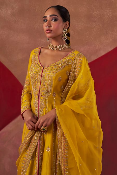 Buy Jigar Mali Yellow Chanderi Silk, Organza Embroidery V-neck Dori Jacket Anarkali Set Buy_Jigar Mali_Yellow Chanderi Silk, Organza Embroidery V-neck Dori Jacket Anarkali Set