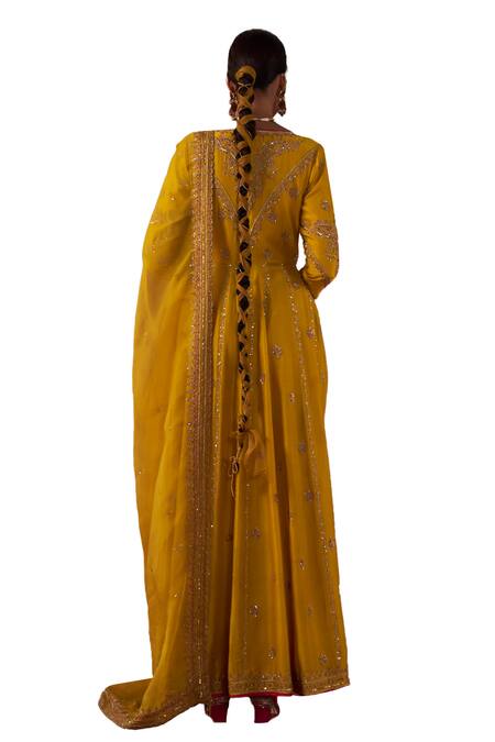 Shop Jigar Mali Yellow Chanderi Silk, Organza Embroidery V-neck Dori Jacket Anarkali Set Shop_Jigar Mali_Yellow Chanderi Silk, Organza Embroidery V-neck Dori Jacket Anarkali Set