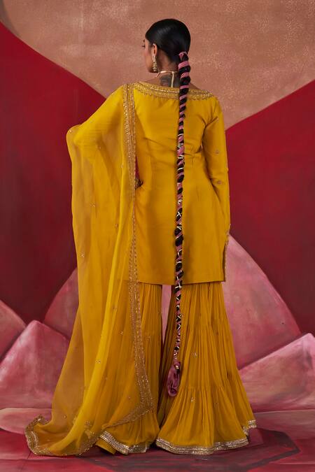 Shop_Jigar Mali_Yellow Chanderi, Organza Embroidery, Diamonds Keyhole Neck Kurta Gharara Set_at_Aza_Fashions
