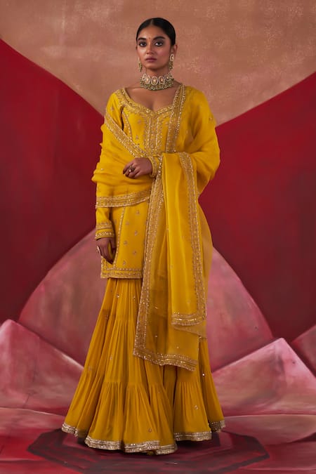 Jigar Mali_Yellow Chanderi, Organza Embroidery, Diamonds Keyhole Neck Kurta Gharara Set_Online_at_Aza_Fashions