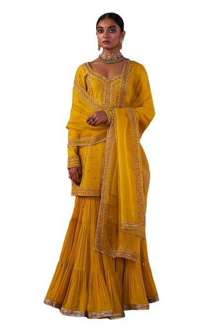 Buy_Jigar Mali_Yellow Chanderi, Organza Embroidery, Diamonds Keyhole Neck Kurta Gharara Set_Online_at_Aza_Fashions