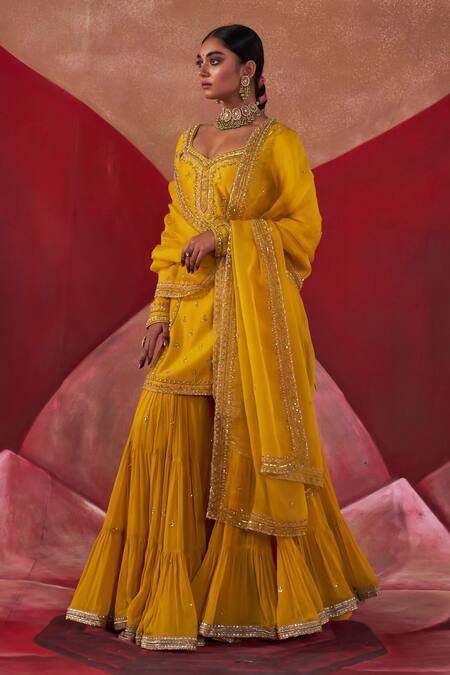 Shop_Jigar Mali_Yellow Chanderi, Organza Embroidery, Diamonds Keyhole Neck Kurta Gharara Set_Online_at_Aza_Fashions