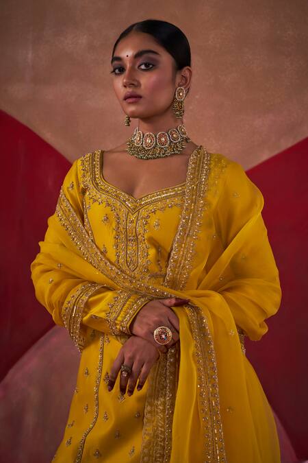Jigar Mali_Yellow Chanderi, Organza Embroidery, Diamonds Keyhole Neck Kurta Gharara Set_at_Aza_Fashions