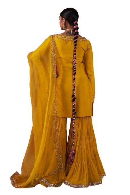 Buy_Jigar Mali_Yellow Chanderi, Organza Embroidery, Diamonds Keyhole Neck Kurta Gharara Set