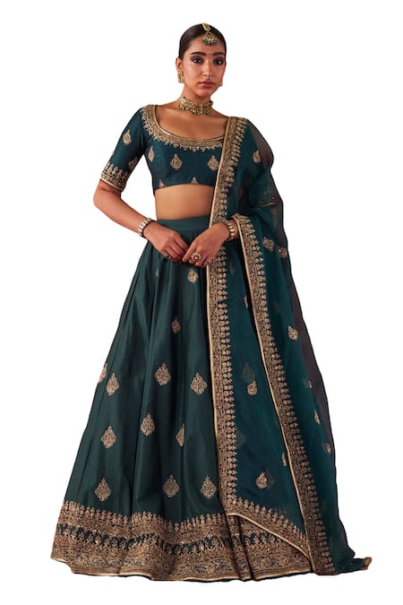 Shop Jigar Mali Green Organza, Chanderi Embroidery Scoop Neck Aari Hand Work Lehenga Set Online at Aza Fashions Shop_Jigar Mali_Green Organza, Chanderi Embroidery Scoop Neck Aari Hand Work Lehenga Set _Online_at_Aza_Fashions