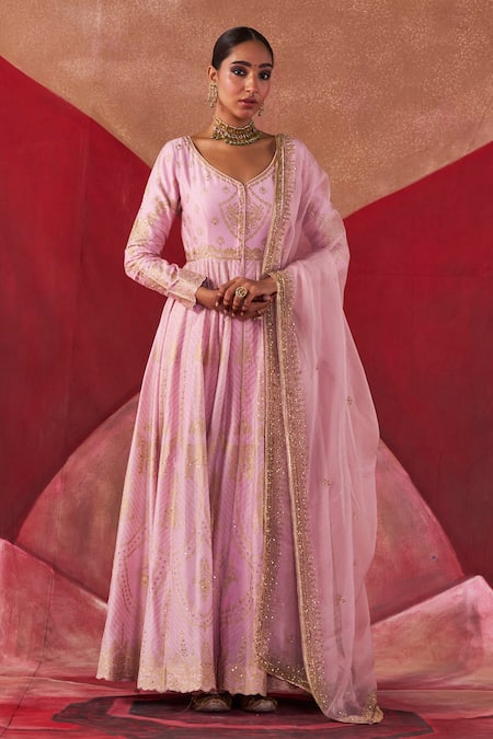 Jigar Mali Pink Chanderi Hand Work Dori Plunge Neck Embroidered Jacket Anarkali Set 