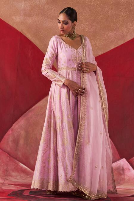 Jigar Mali_Pink Organza, Chanderi Embroidery Plunge Neck Dori Hand Jacket Anarkali Set_Online_at_Aza_Fashions