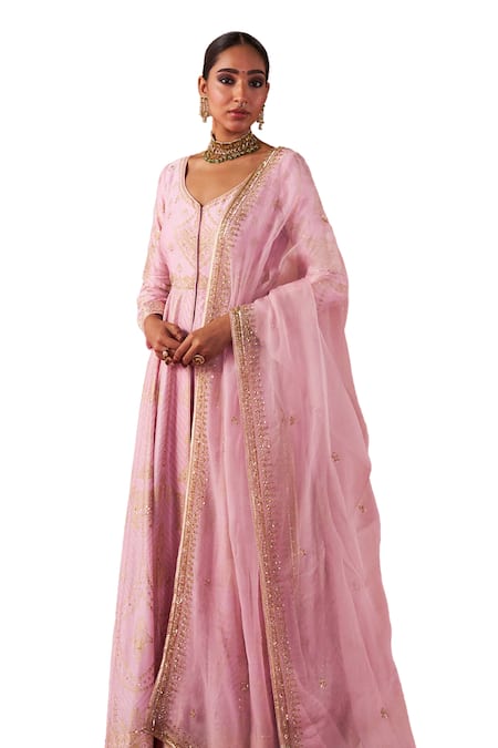 Buy_Jigar Mali_Pink Organza, Chanderi Embroidery Plunge Neck Dori Hand Jacket Anarkali Set_Online_at_Aza_Fashions