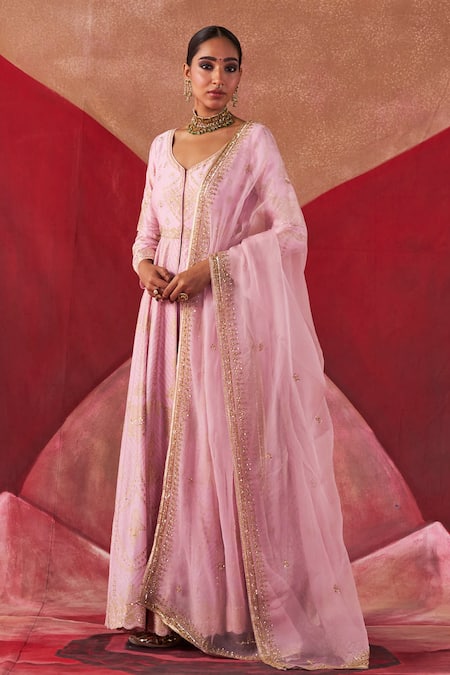 Shop_Jigar Mali_Pink Organza, Chanderi Embroidery Plunge Neck Dori Hand Jacket Anarkali Set_Online_at_Aza_Fashions