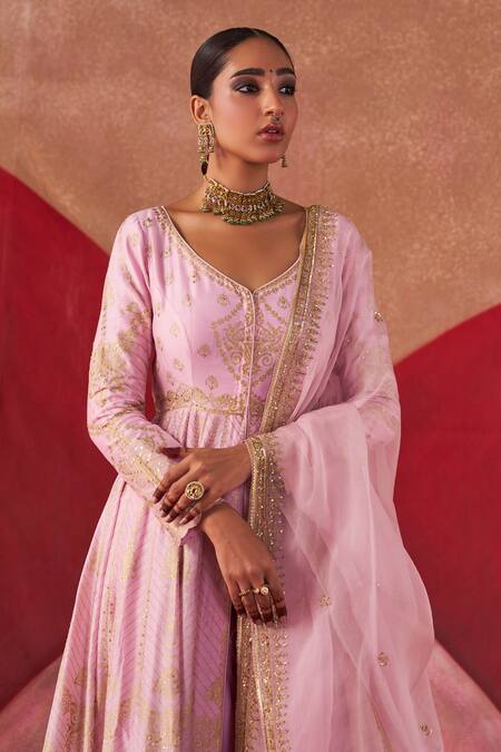 Buy_Jigar Mali_Pink Organza, Chanderi Embroidery Plunge Neck Dori Hand Jacket Anarkali Set