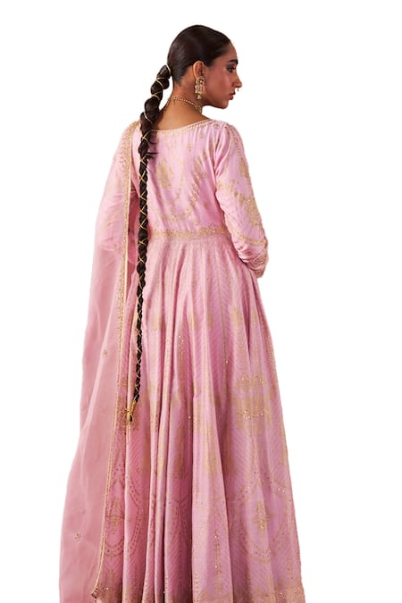 Shop_Jigar Mali_Pink Organza, Chanderi Embroidery Plunge Neck Dori Hand Jacket Anarkali Set