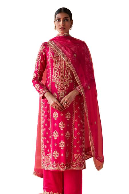 Jigar Mali_Pink Chanderi, Organza Embroidery Round Block Printed Straight Kurta Pant Set_Online_at_Aza_Fashions