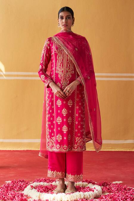 Buy_Jigar Mali_Pink Chanderi, Organza Embroidery Round Block Printed Straight Kurta Pant Set_Online_at_Aza_Fashions