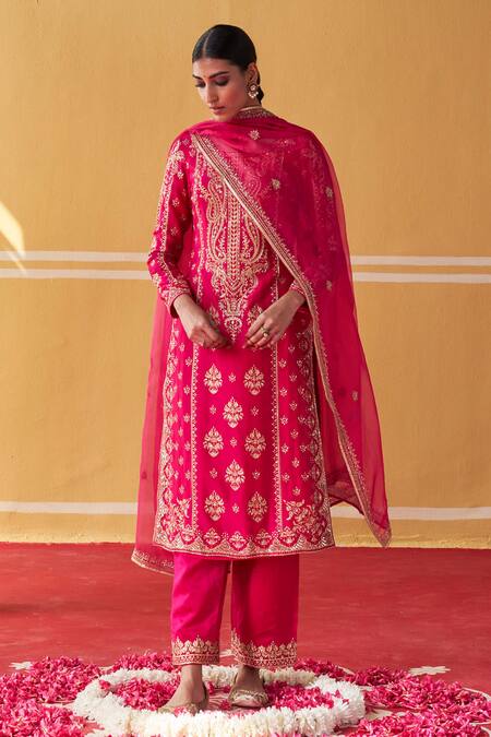 Shop_Jigar Mali_Pink Chanderi, Organza Embroidery Round Block Printed Straight Kurta Pant Set_Online_at_Aza_Fashions