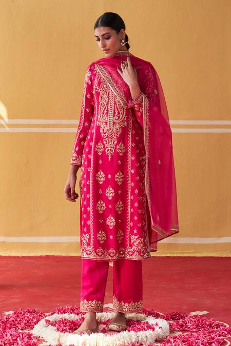 Jigar Mali_Pink Chanderi, Organza Embroidery Round Block Printed Straight Kurta Pant Set_at_Aza_Fashions