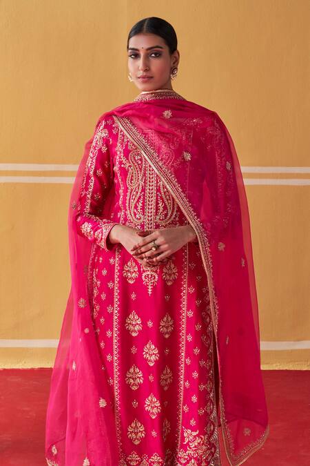 Buy_Jigar Mali_Pink Chanderi, Organza Embroidery Round Block Printed Straight Kurta Pant Set