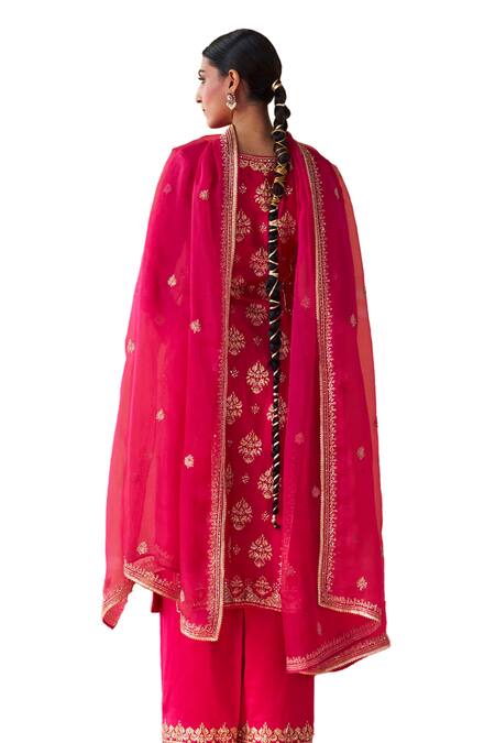 Shop_Jigar Mali_Pink Chanderi, Organza Embroidery Round Block Printed Straight Kurta Pant Set