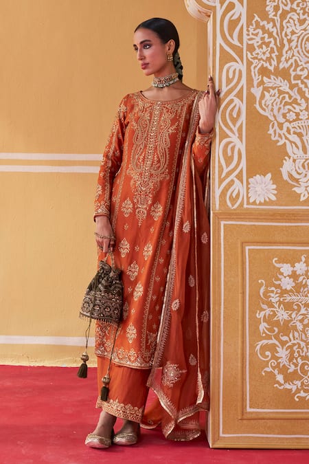 Jigar Mali Orange Chanderi Hand Work Dori Paisley Pattern Embroidered Straight Kurta Set 