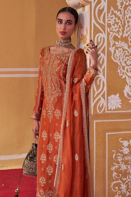 Shop Jigar Mali Orange Organza, Chanderi Sequins, Paisley Pattern Hand Straight Kurta Set Online at Aza Fashions Shop_Jigar Mali_Orange Organza, Chanderi Sequins, Paisley Pattern Hand Straight Kurta Set_Online_at_Aza_Fashions