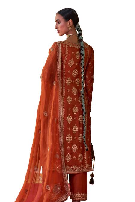 Jigar Mali Orange Organza, Chanderi Sequins, Paisley Pattern Hand Straight Kurta Set at Aza Fashions Jigar Mali_Orange Organza, Chanderi Sequins, Paisley Pattern Hand Straight Kurta Set_at_Aza_Fashions