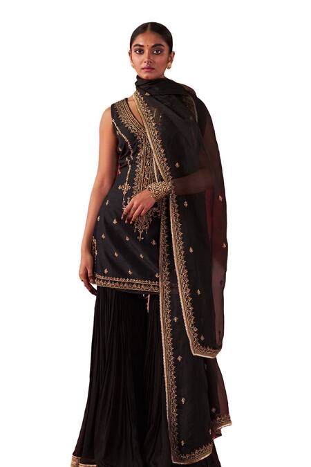 Shop Jigar Mali Black Organza, Chanderi Embroidery V-neck Aari Hand Kurta Gharara Set Online at Aza Fashions Shop_Jigar Mali_Black Organza, Chanderi Embroidery V-neck Aari Hand Kurta Gharara Set_Online_at_Aza_Fashions