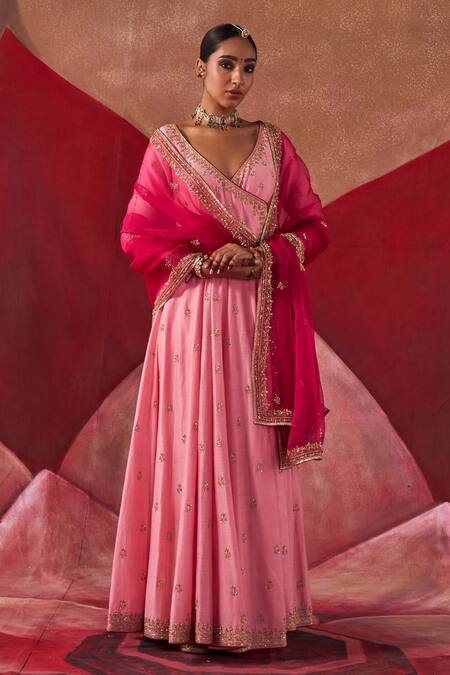 Jigar Mali_Pink Organza, Chanderi Beads, Sequins, Embroidery V-neck Hand Anarkali Set _Online_at_Aza_Fashions