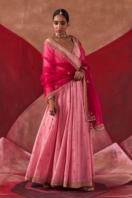 Buy_Jigar Mali_Pink Organza, Chanderi Beads, Sequins, Embroidery V-neck Hand Anarkali Set _Online_at_Aza_Fashions