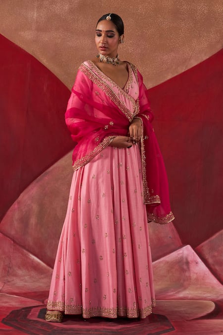Shop_Jigar Mali_Pink Organza, Chanderi Beads, Sequins, Embroidery V-neck Hand Anarkali Set _Online_at_Aza_Fashions