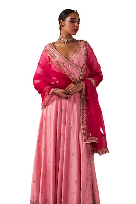 Jigar Mali_Pink Organza, Chanderi Beads, Sequins, Embroidery V-neck Hand Anarkali Set _at_Aza_Fashions