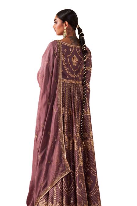 Jigar Mali_Purple Organza, Chanderi Silk Embroidery, Beads Aari Hand Jacket Anarkali Set_Online_at_Aza_Fashions