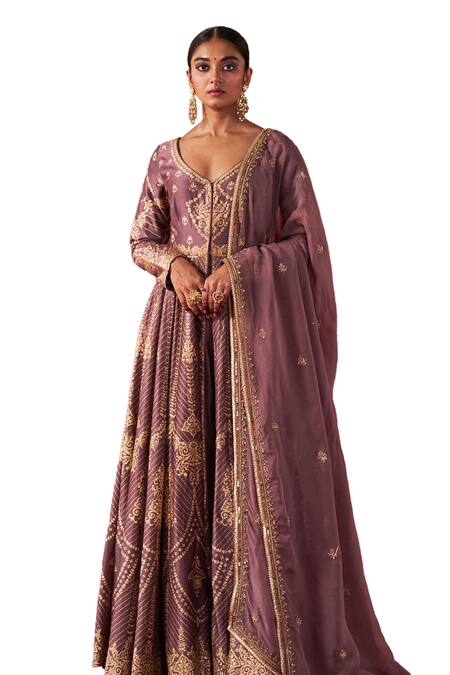Buy_Jigar Mali_Purple Organza, Chanderi Silk Embroidery, Beads Aari Hand Jacket Anarkali Set_Online_at_Aza_Fashions