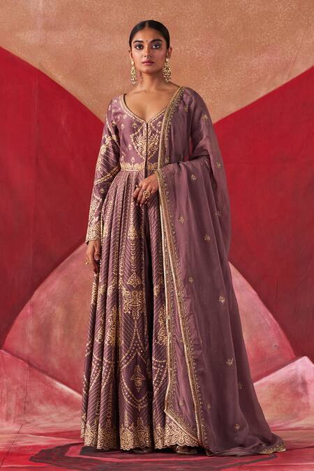 Shop_Jigar Mali_Purple Organza, Chanderi Silk Embroidery, Beads Aari Hand Jacket Anarkali Set_Online_at_Aza_Fashions