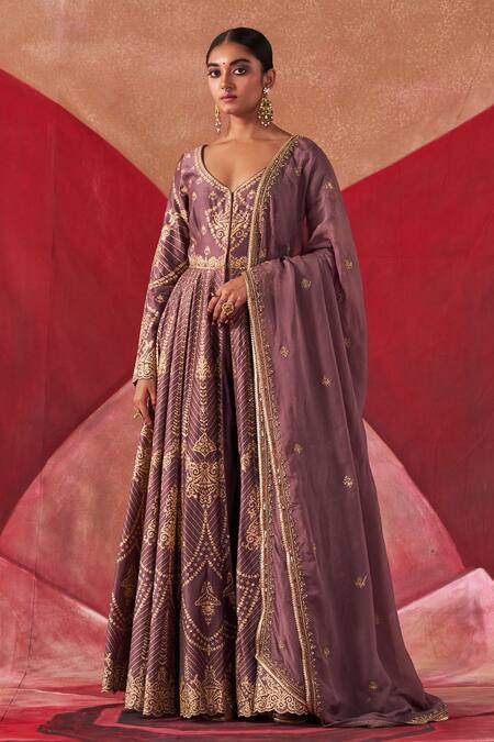 Jigar Mali_Purple Organza, Chanderi Silk Embroidery, Beads Aari Hand Jacket Anarkali Set_at_Aza_Fashions