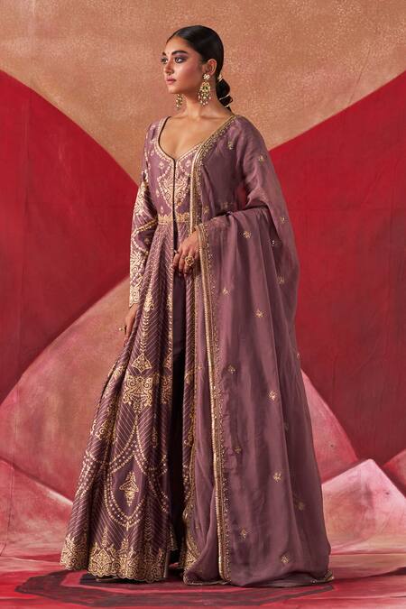 Buy_Jigar Mali_Purple Organza, Chanderi Silk Embroidery, Beads Aari Hand Jacket Anarkali Set