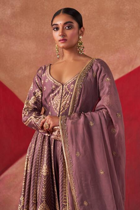 Shop_Jigar Mali_Purple Organza, Chanderi Silk Embroidery, Beads Aari Hand Jacket Anarkali Set