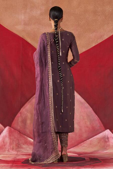 Shop_Jigar Mali_Purple Organza, Chanderi Embroidery Round Neck Dori Hand Kurta Set_at_Aza_Fashions