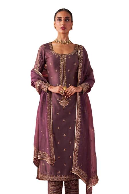 Jigar Mali_Purple Organza, Chanderi Embroidery Round Neck Dori Hand Kurta Set_Online_at_Aza_Fashions